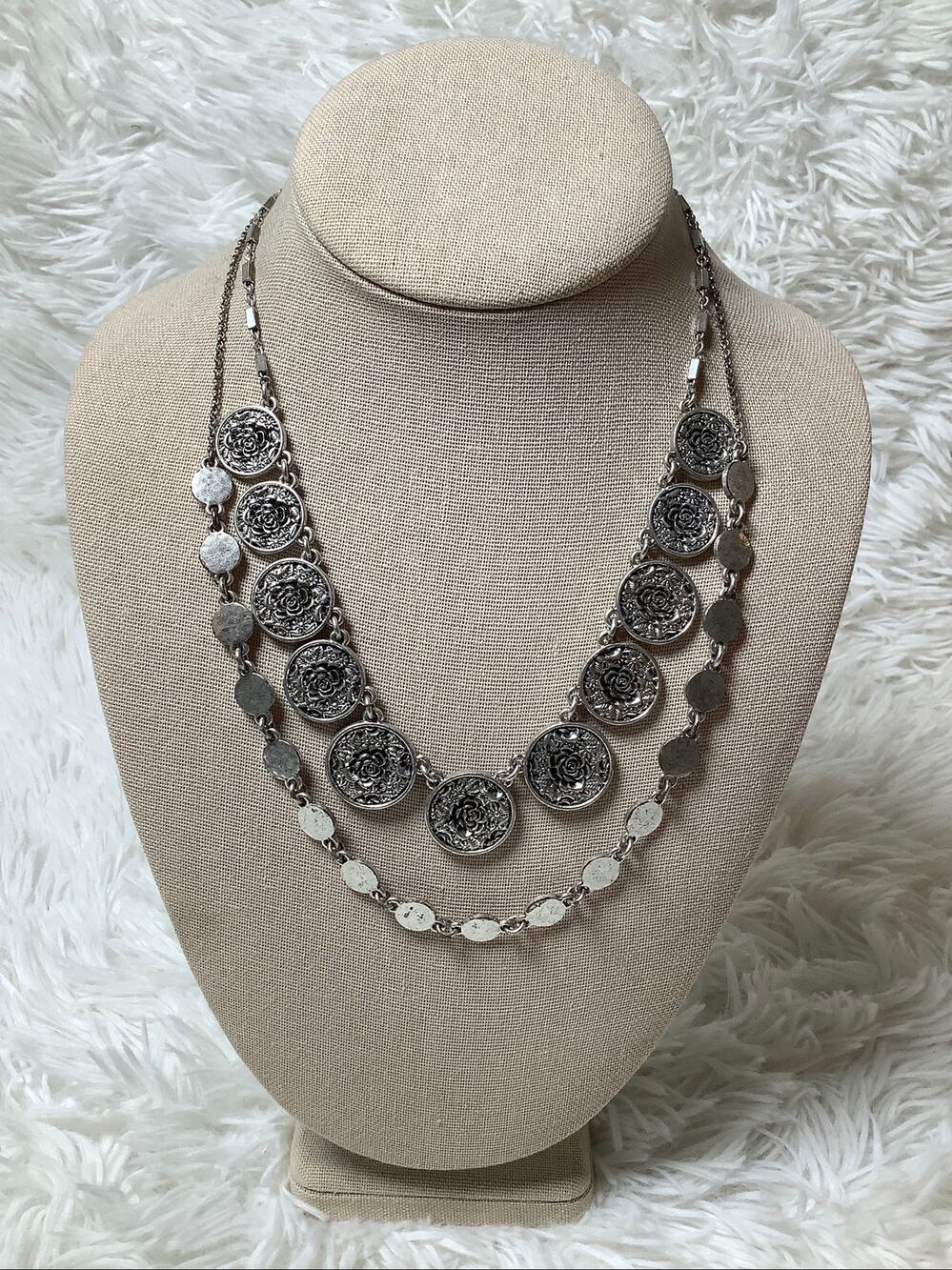 Lucky Brand Silver-Tone Tiered Circle Rose Stations Statement Necklace C32-9
